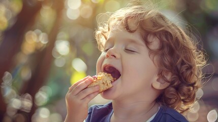 A child savoring a delicious bite of food, their eyes closed in pure enjoyment
