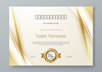 White and gold vector professional and modern award corporate certificate design template. For award, business, diploma, workshop, award, graduation, completion, competition and education