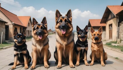 International dog day with cute Yorkshire German Shepherd and domestic dogs are standing and looking front behind them beautiful village with sky