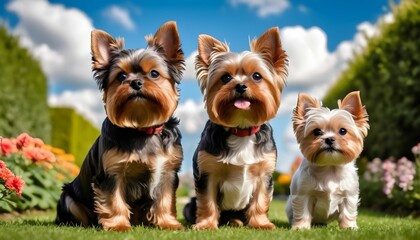 International dog day with cute Yorkshire and domestic dogs are standing and looking front behind them beautiful garden with sky and clouds