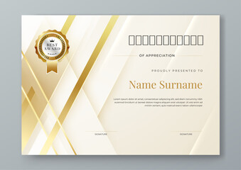 Gold and white certificate modern elegant and luxury template with shapes. For appreciation, achievement, awards diploma, corporate, and education