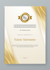 Gold and white vector modern elegant and luxury certificate template for corporate. For award, business, diploma, workshop, award, graduation, completion, competition and education