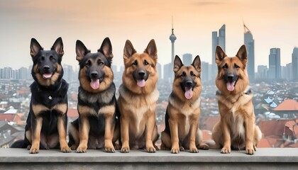 International dog day with cute dogs including Yorkshire dogs and German Shepherd dogs and domestic dogs are standing and looking front behind them city background