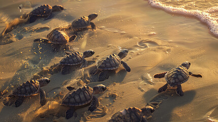 Multiple sea turtles are captured scrambling on the wet golden sand towards the majestic sea as the sunlight sparkles on the water's edge - obrazy, fototapety, plakaty