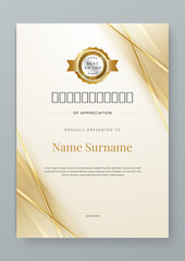 Gold and white vector modern elegant and luxury certificate template for corporate. For award, business, diploma, workshop, award, graduation, completion, competition and education
