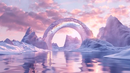 Poster Fantasy landscape with an arch and frozen lake. 3d render illustration © kanurism