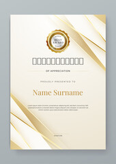 White and gold certificate of corporate luxury and modern template. For corporate, achievement, diploma, award, graduation, completion, appreciation, acknowledgement, recognition etc