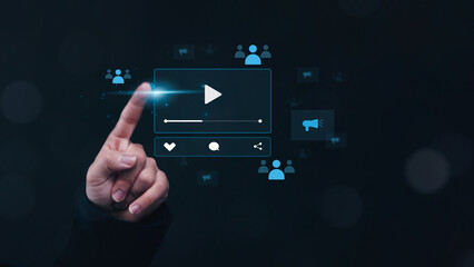 Video advertisement Digital marketing concept, finger interacting graphical icons, video content...