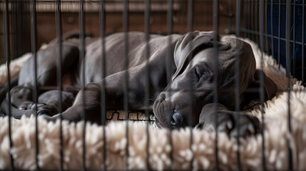 Great Dane puppy dog sleeping in her crate or kennel - obrazy, fototapety, plakaty
