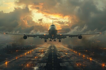 Plane is on the runway in front of a city. The plane is wet from the rain - obrazy, fototapety, plakaty