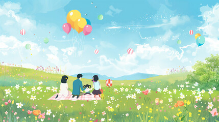 A family picnic with balloons under a beautiful May sky, hills and blooming flowers in the countryside, joyful and serene sitting.