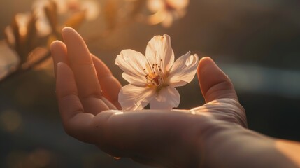 A close-up shot of a hand holding a blooming flower in soft sunlight, highlighting growth and...