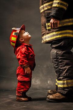 A small boy dressed as a fireman looking up at an adult fireman