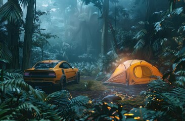 Jungle Campsite with Sportscar, sporty yellow car parked next to a glowing tent in a dense jungle setting, combining adventure travel with luxurious escapism - obrazy, fototapety, plakaty