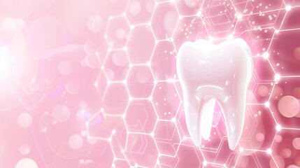 Tooth mockup with technology elements digital data and hexagons background, neon pink background. Concept of dentistry, hygiene and dental health, advanced innovative technologies in medicine