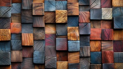 Geometric wooden blocks form a vivid tabletop pattern
