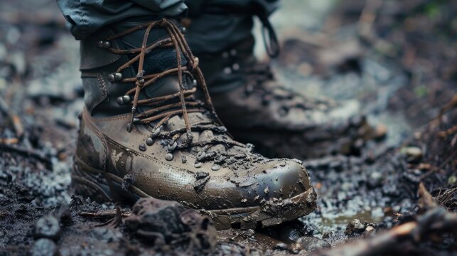 A close-up a worn pair of hiking boots caked in mud, hinting at an adventurous journey 
