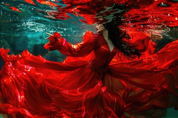 Underwater Dance in Red Dress,  surreal underwater scene where a woman in a flowing red dress creates an ethereal dance among the waves, embodying grace and fluidity - Powered by Adobe