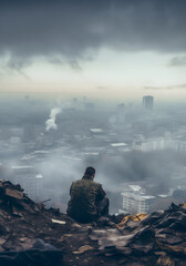 Soldat blickt auf die Ruinen einer Stadt, Hochformat, Social Media, erstellt mit generativer KI