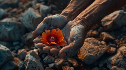 A close-up shot of weathered hands cradling a single, vibrant flower blooming amidst barren rocks