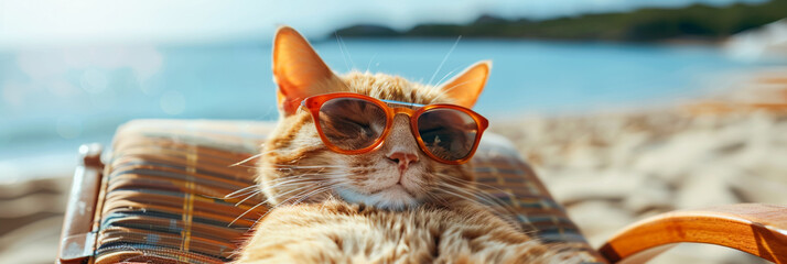 cat in sunglasses on the beach, sunny vacation vibes, lazy pet by the sea