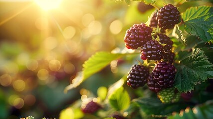 Sunlit blackberries ripening on a vibrant green bush - obrazy, fototapety, plakaty