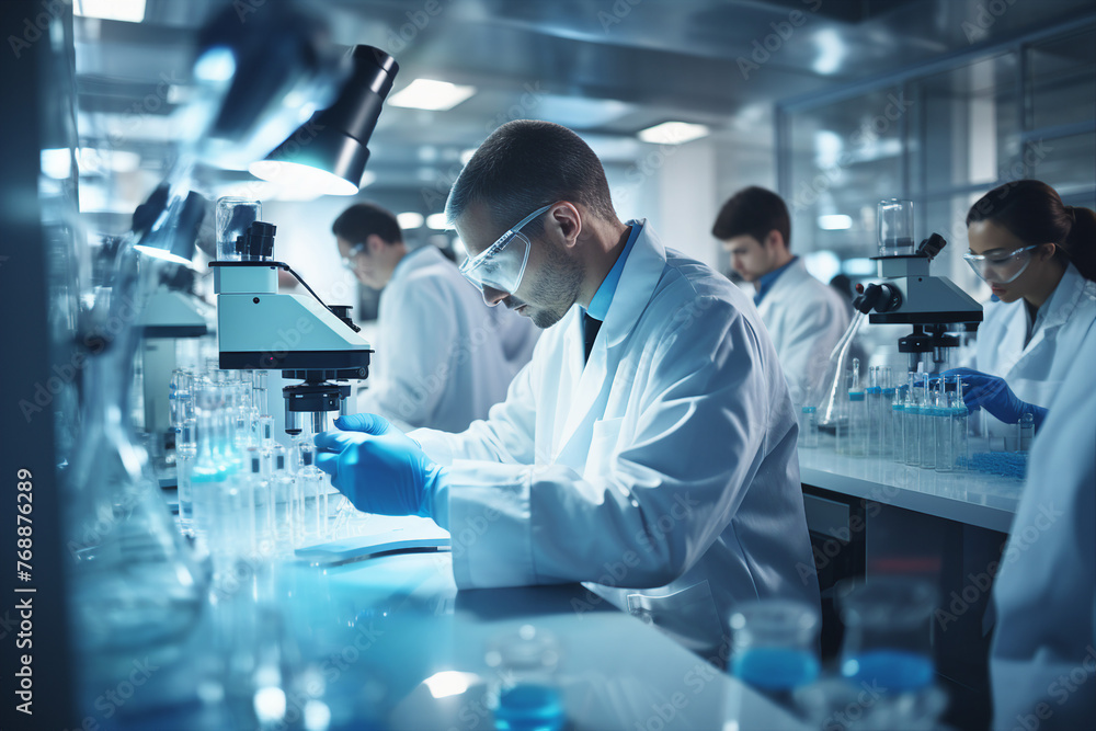 Poster scientist working in a modern laboratory created with generative ai technology