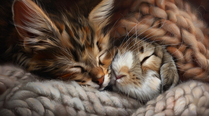 An adorable depiction of unlikely animal friends, a Maine Coon cat and a rabbit, peacefully sleeping under a warm knit blanket