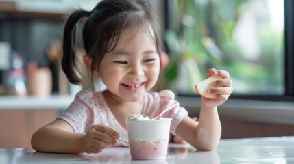 A girl happily dipping a slice of apple into a cup of yogurt, highlighting healthy snack choices