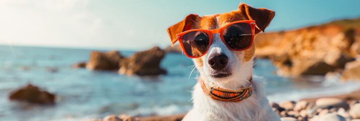 Dog in sunglasses on the beach, cute canine portrait against the sky, beachside happiness