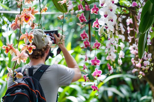 tourist with a backpack snapping pictures of hanging orchids
