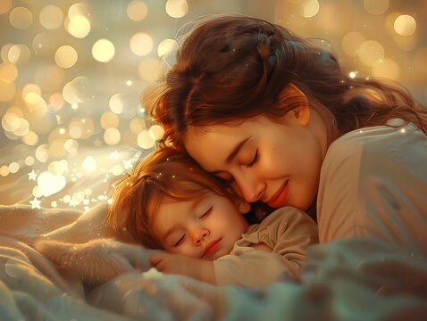 Tender Embrace of a Mother and Child in a Cozy Serene Bedtime Moment