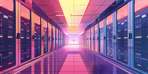 Futuristic server room data centre. Backup, hosting, mainframe, farming. 3d rendering