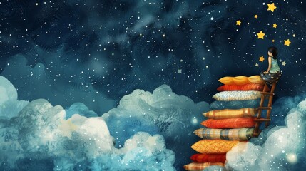 A  child climbing a ladder made of pillows and blankets, reaching for a cloud-filled night sky - obrazy, fototapety, plakaty