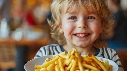 A portrait of a happy child holding a plate with french fries, showcasing the joy of a simple snack - 768877014