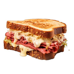 Pastrami Reuben style sandwich with sauerkraut and Swiss cheese png