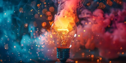 A light bulb is lit up in a smokey, colorful background