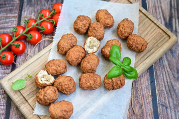 Home made Feta and Olives Stuffed Greek Meatballs .Greek confort food. Mediterranean diet 