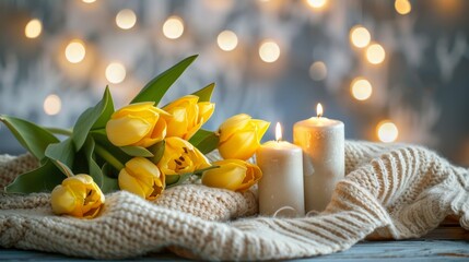 Spring background with yellow tulips, candles and knitted element 