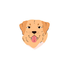 The head of a Labrador with an open mouth and protruding tongue.