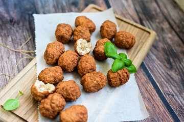 Home made Feta and Olives Stuffed Greek Meatballs .Greek confort food. Mediterranean diet 