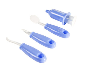 A set of blue and white dental tools, color combination gives a sense of cleanliness and sterility.