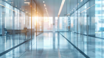 Fototapeta premium Blurred office interior background with panoramic windows and light from the window. Blurred office space with a business concept banner template