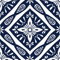 Traditional blue and white ceramic tile pattern with intricate floral and geometric designs for interior decoration.