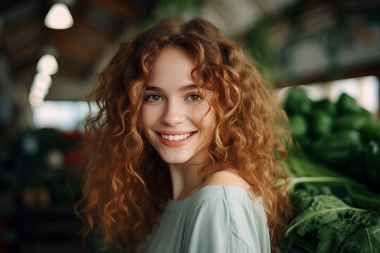AI generated image of cheerful lovely woman standing in supermarket grocery department  with vegetables
