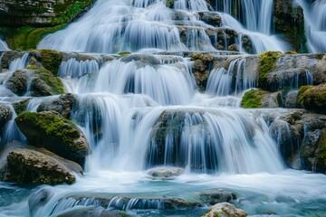 Fototapeta premium Cascading Serenity A Majestic Multi Tiered Waterfall Enchants with its Graceful Dance Over Moss Covered Rocks