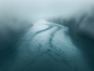 Misty confluence where two rivers meet shrouded in an ethereal haze of fog and mystery - obrazy, fototapety, plakaty