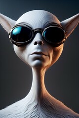 Alien of another planet with sunglasses closeup imaginative, extraterrestrial sci-fi fictional creature, outer space unknown mysterious visitor, extraterrestre alieno fantasy image  - obrazy, fototapety, plakaty