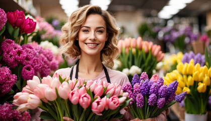 Joyful female florist selling fresh spring flowers hyacinths and tulips