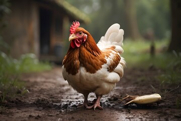 A close-up of a red hen on a farm, while out for a walk. homemade chicken. rustic style. - obrazy, fototapety, plakaty